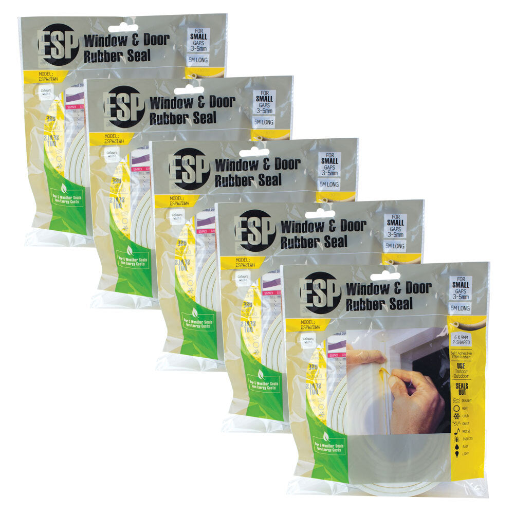 Esp Window & Door Rubber P-Shaped Weather Seal Draught Adhesive 6x9mm White (5 Pack)