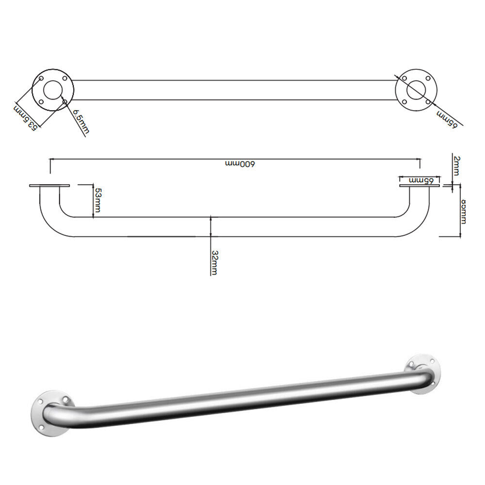 Evekare Exposed Flange Safety Grab Bathroom Wall Hand Rail/Pull Bar 600mm SS SLV — image 7