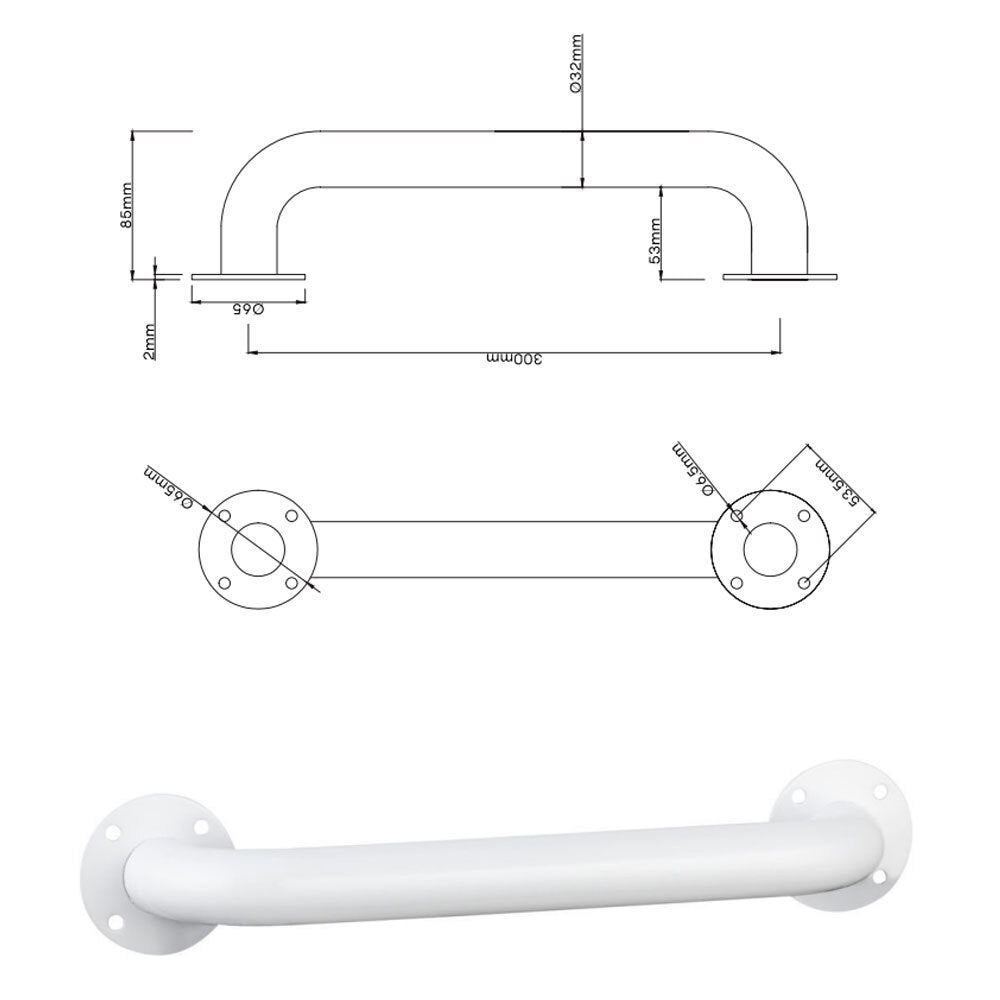 Evekare Exposed Flange Safety Grab Bathroom Wall Hand Rail/Pull Bar 300mm SS WHT — image 6