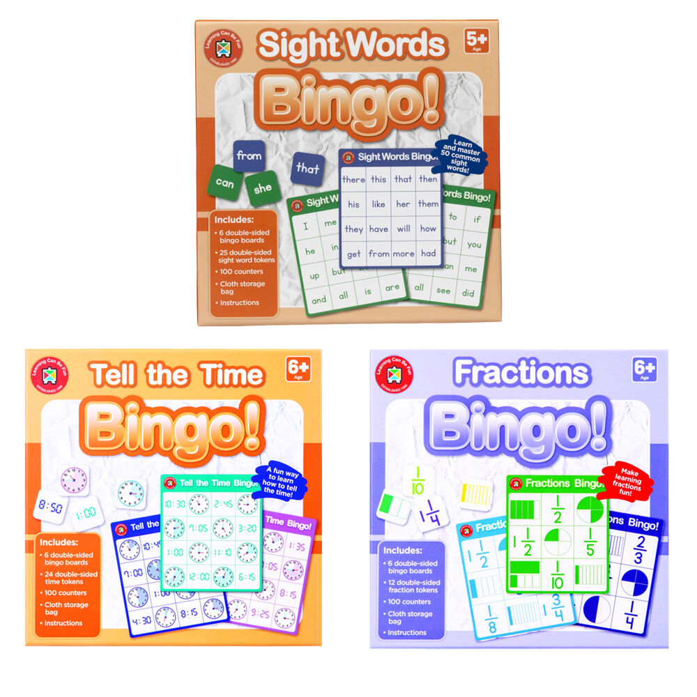 Learning Can BE Fun 6y+ Time/Mathrmatics/Reading Bingo Set Educational Games