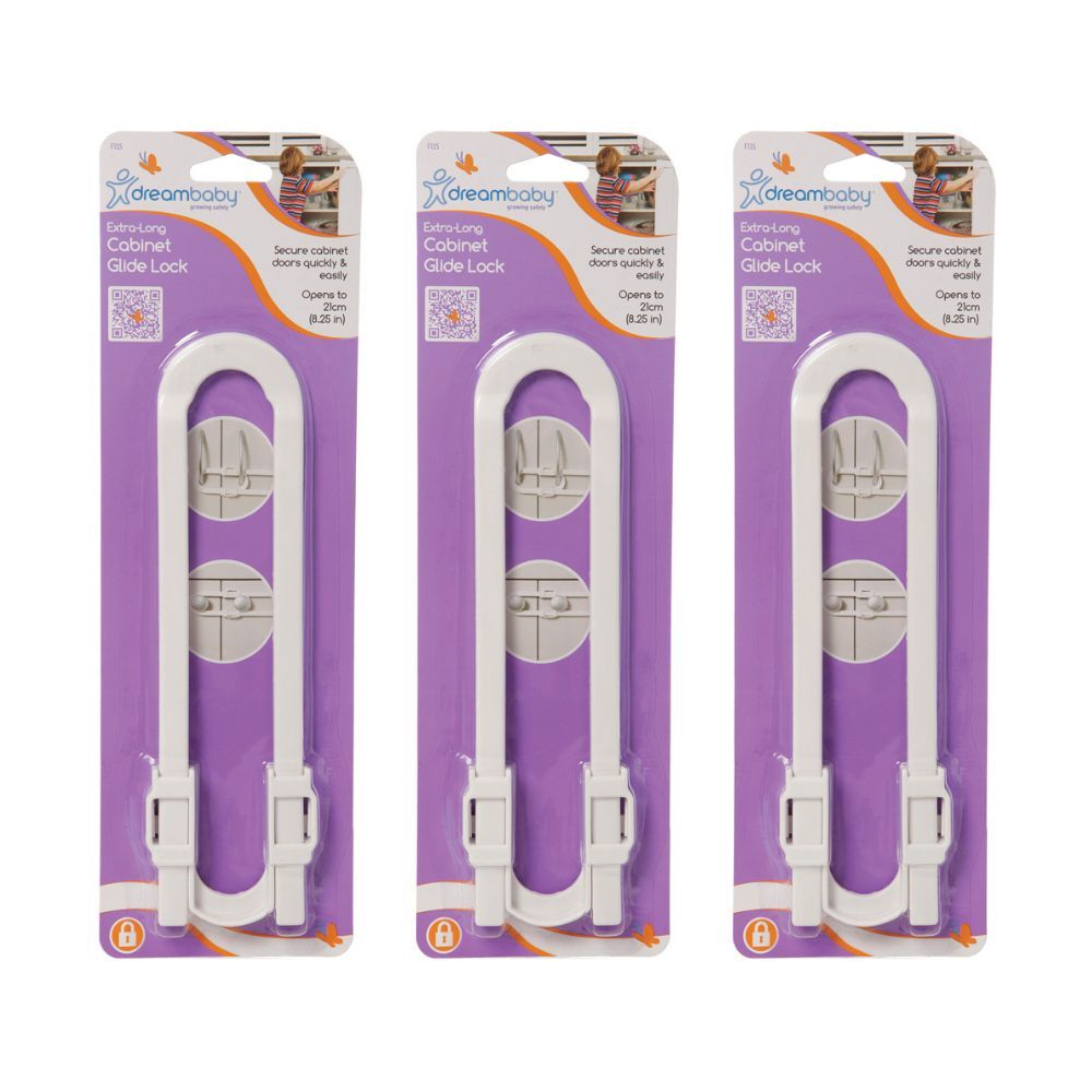 Dreambaby Baby Safety Cabinet Glide Lock Extra Long White (3 Pack)