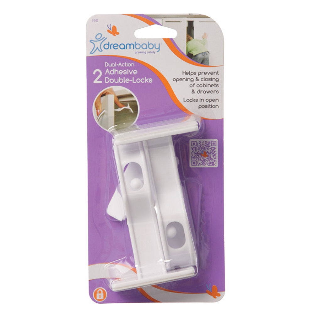 Dreambaby 10cm Dual-Action Adhesive Double Lock For Drawers/Cupboards White (2 Pieces)