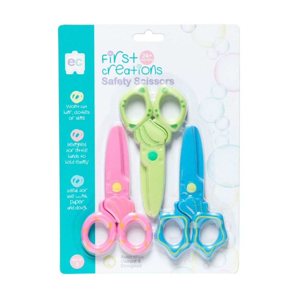 First Creations Kids Safety Scissors Set Child-Safe Pink/Blue/Green 24m+ (3 Pieces)