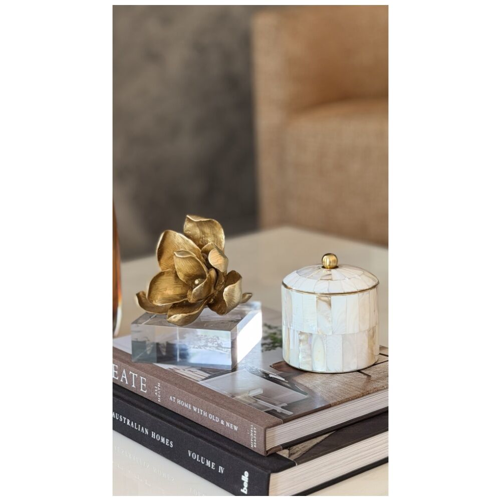 SS Collective Gold Magnolia Floral Resin w/ Acrylic Base Decorative Piece — image 8