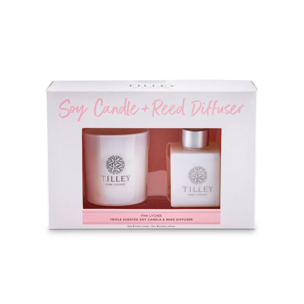 Tilley Classic White Pink Lychee 160g Candle & 75mL Reed Diffuser Pack (2 Pieces)