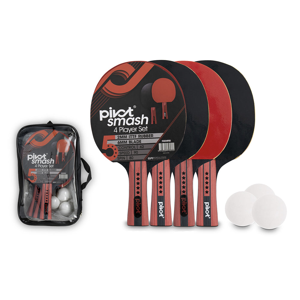Pivot Smash 5 Star 4 Player Table Tennis/Pin Pong Set w/4 Racquet Bats/3 Balls