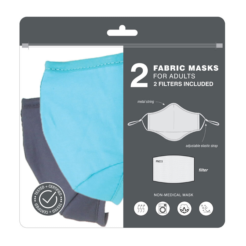 Milleni 22.5cm Cotton Washable/Reusable Cloth Face Masks w/ Filter Grey/Blue (2 Pieces)