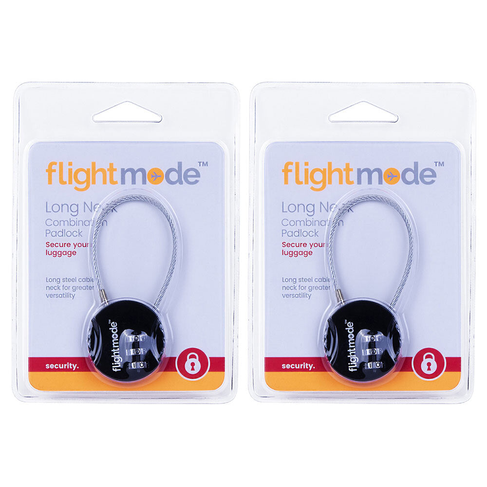 Flightmode 3 Dial Long Neck Cable Combination Padlock Security Lock - Black (2 Pack)