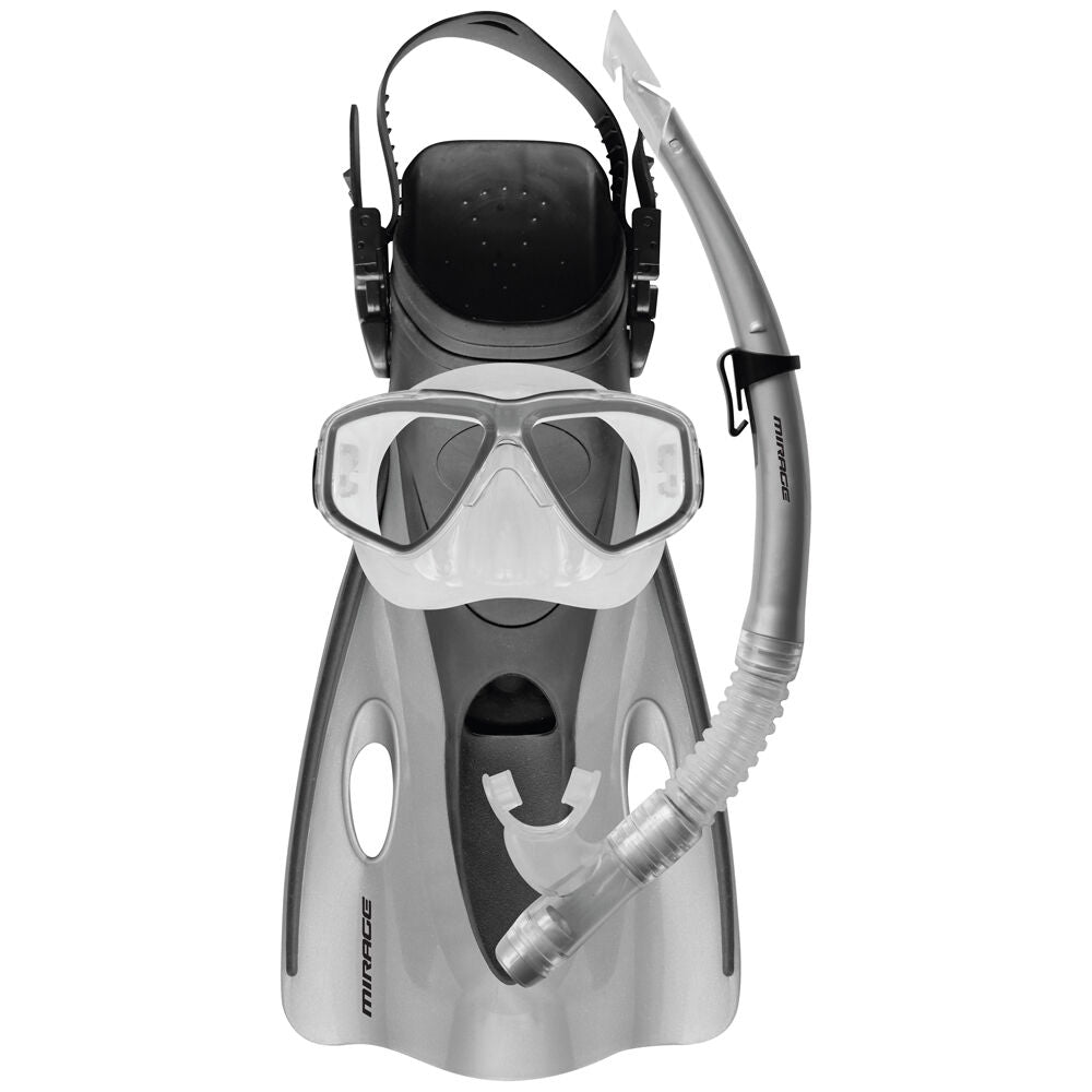 Mirage Ezi-Travel Snorkelling Mask/Snorkel/Fins Set L/XL Silver (4 Pieces)