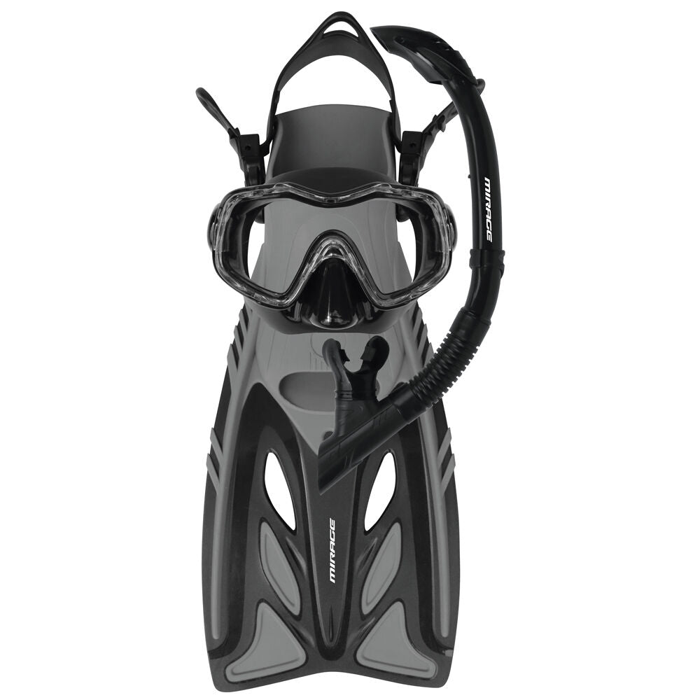 Mirage 4pc Raven Junior Snorkelling Mask Snorkel Fins Set Large XL