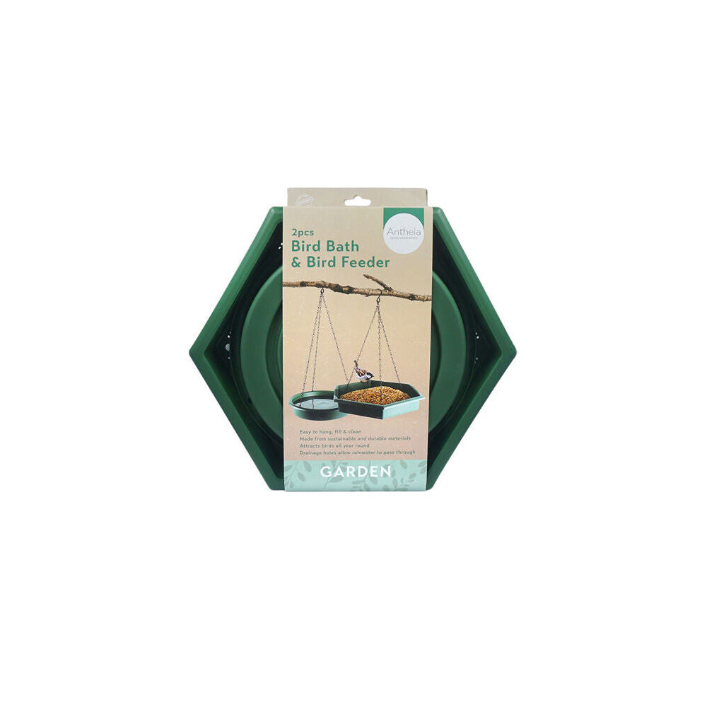 Antheia Green Homewares Bird Bath & Bird Feeder Green 28cm (2 Pieces)