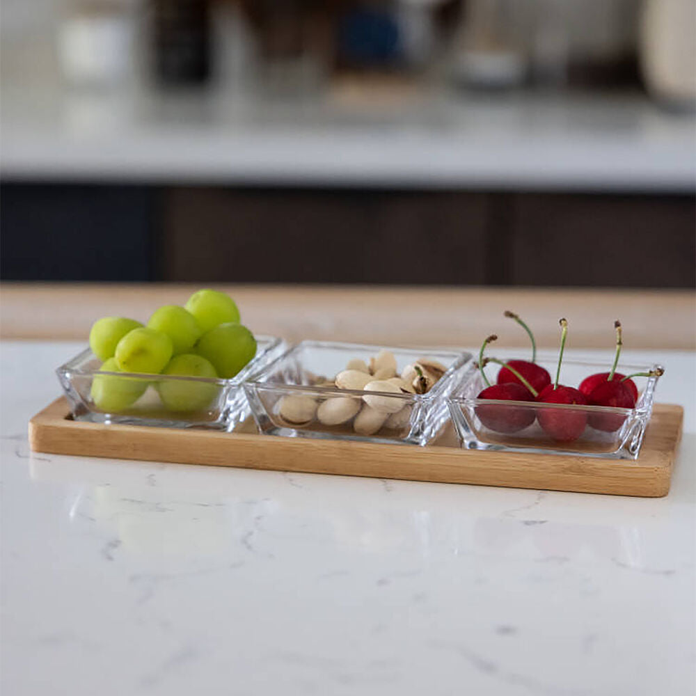 NF Living 3pc NF Living Glass Serving Set Square Bowls Bamboo Tray 30cm Solid Clear (2 Pack) — image 6