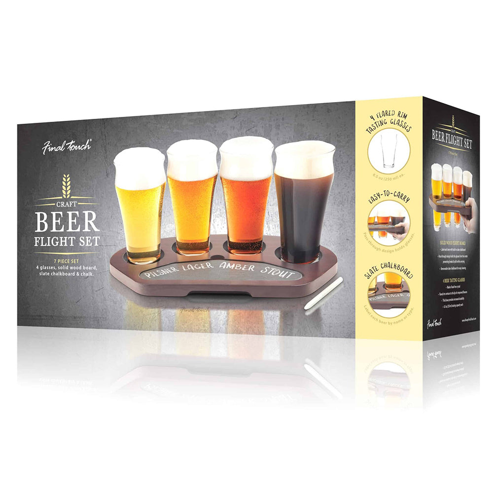 Final Touch Craft Beer Flight Set w/250ml Glasses/Serving Board/Slate Chalk (5 Pieces)