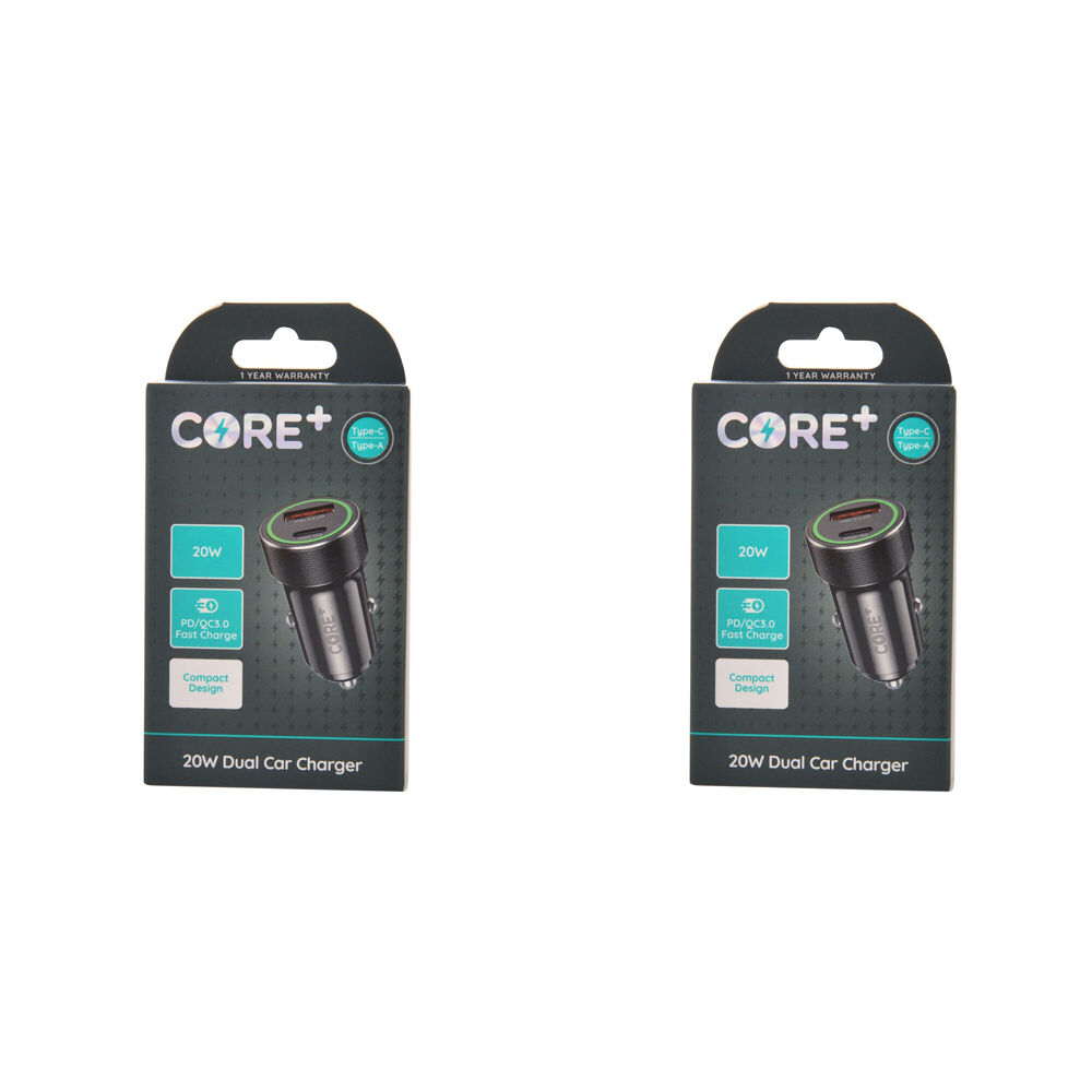 Core Type-C/USB-A Dual Port Car Charger Fast Charge Adapter Socket 20W Black (2 Pack)
