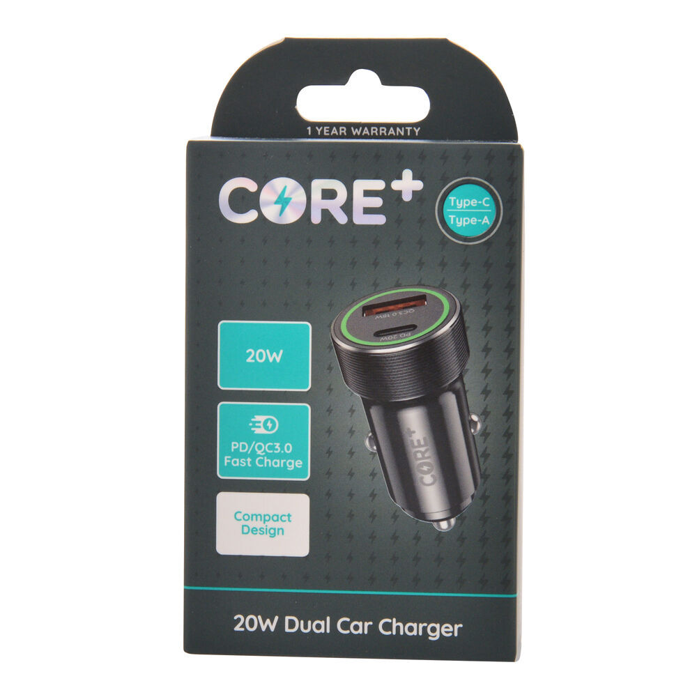 Core Type-C/USB-A Dual Port Car Charger Fast Charge Adapter Socket 20W Black (2 Pack) — image 2