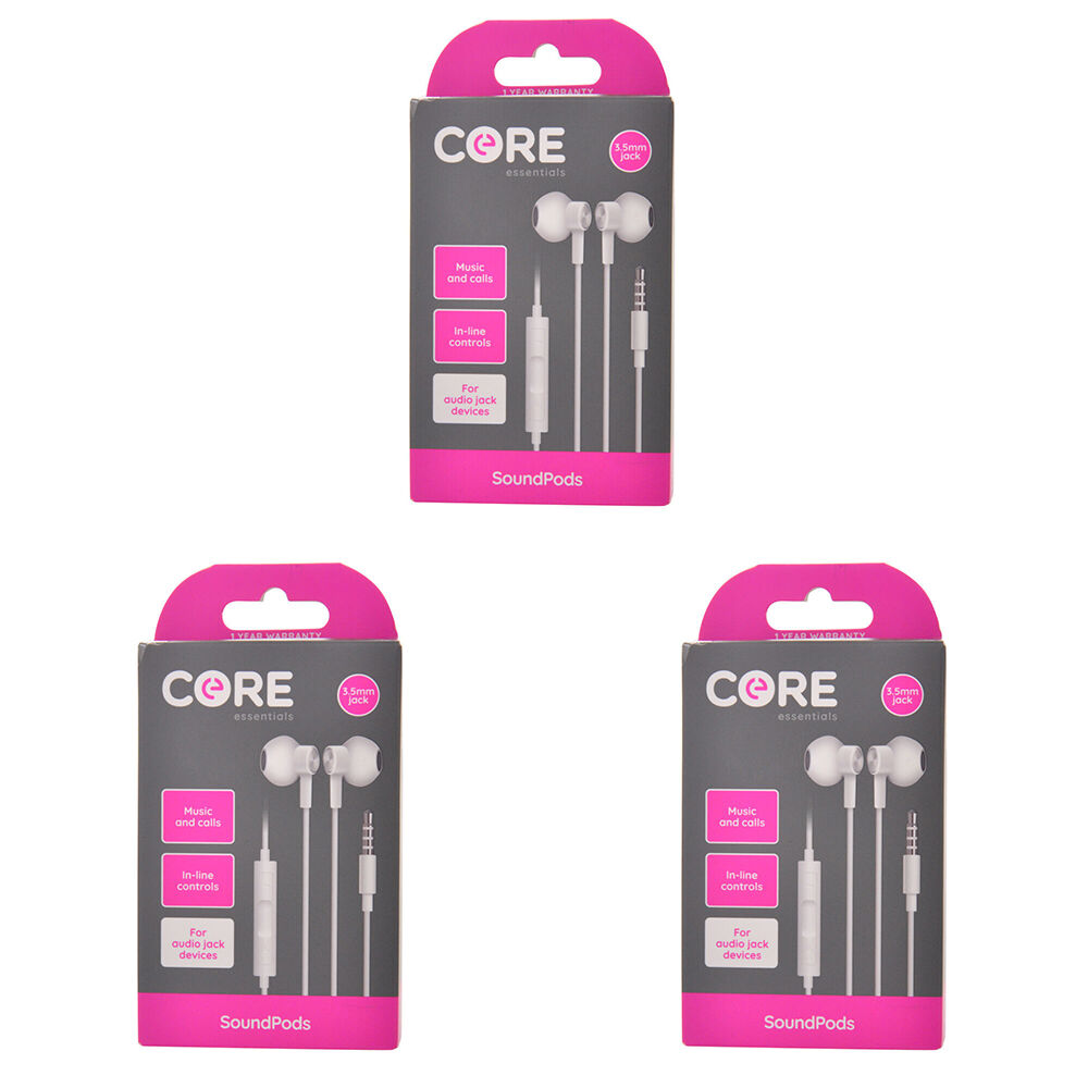 Core Essentials Soundpods/Earphones In-Ear Wired w/ Built-In Mic 3.5mm White (3 Pack)