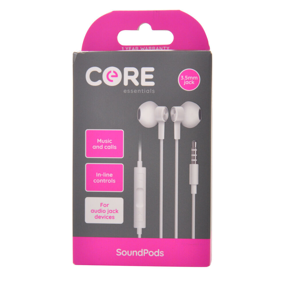 Core Essentials Soundpods/Earphones In-Ear Wired w/ Built-In Mic 3.5mm White (3 Pack) — image 2