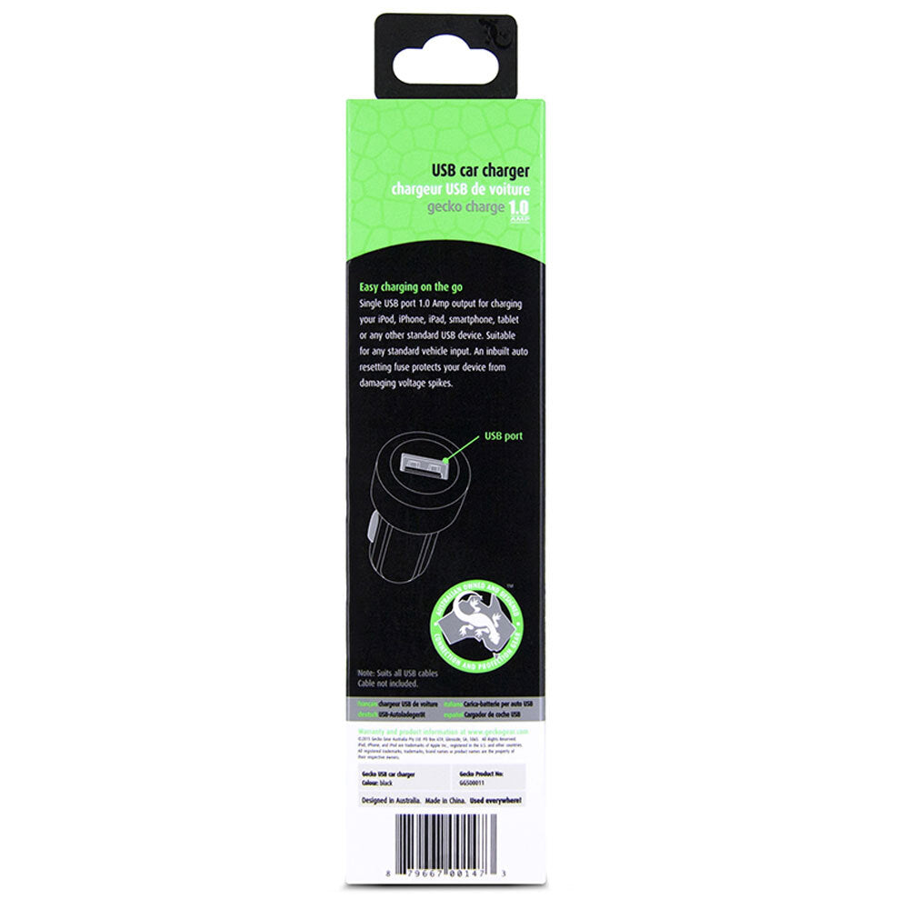 Gecko Smart 1.0A USB Car Charger for Smartphones GPS Tablet Dash Cameras Black — image 4