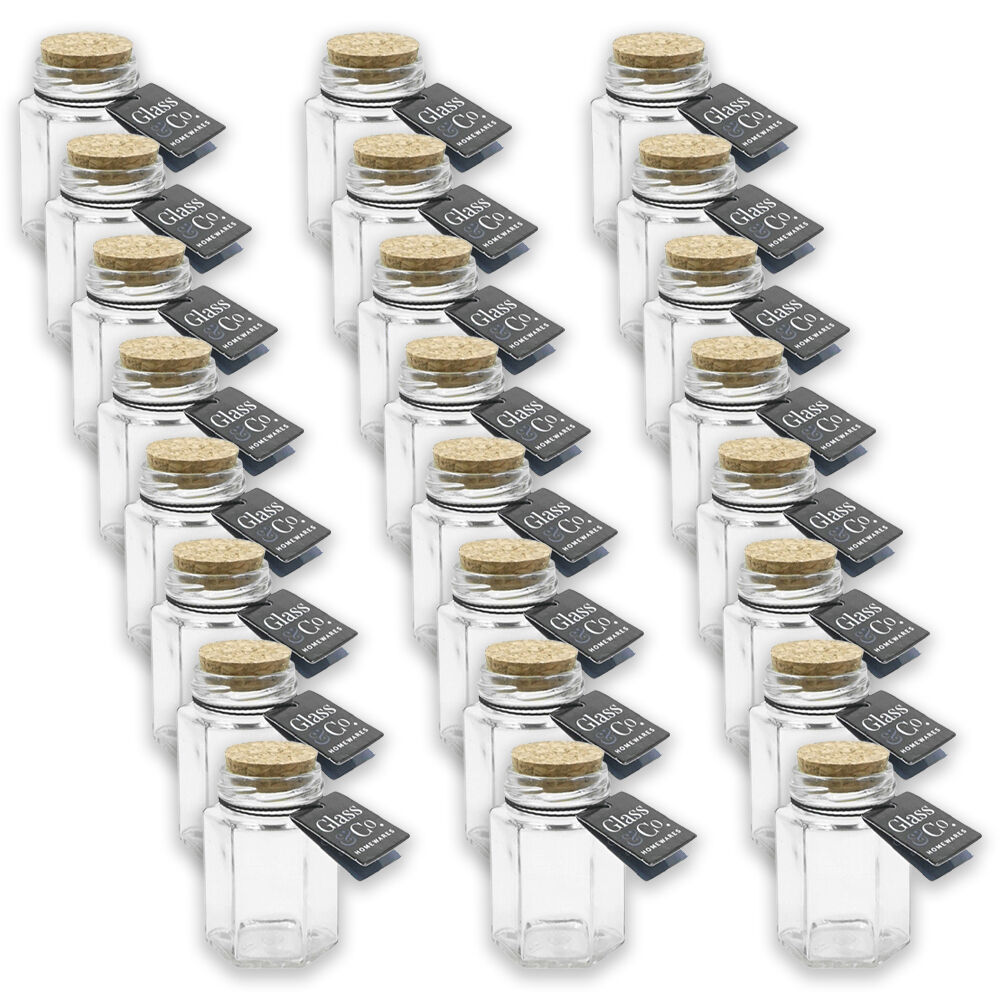 Glass & CO Courtney Push Cork Lid Hexagon Storage Bottle Jar 120ml Clear (24 Pack)