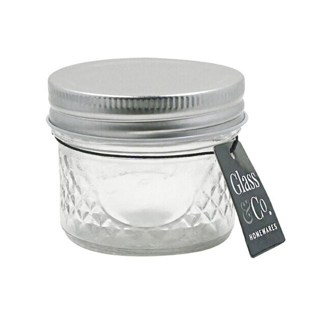 Glass & CO 130ml Clear Cleo Round Silver Lid Quilted Preserving Jar