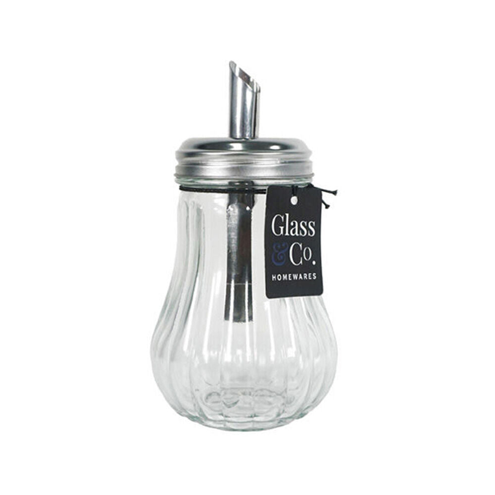 Glass & CO 200ml Clear/Silver Sugar Pourer Ribbed Jar w/ Metal Lid