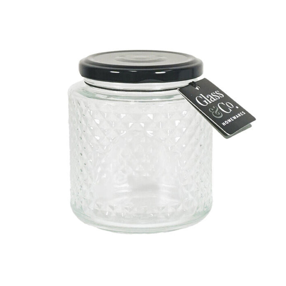 Glass & CO 350ml Clear Cleo Quilted Black Metal Lid Storage Jar