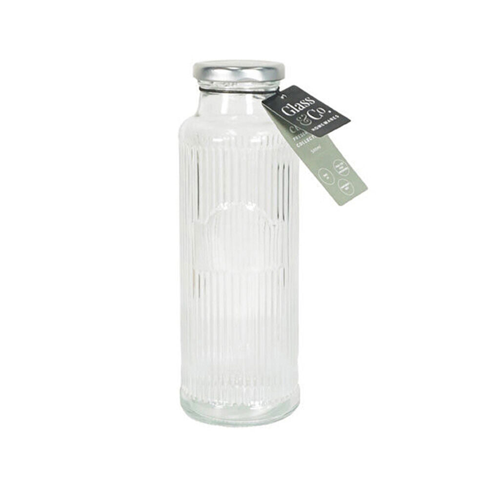 Glass & CO 500ml Clear Cleo Round Ribbed Silver Metal Lid Water Bottle