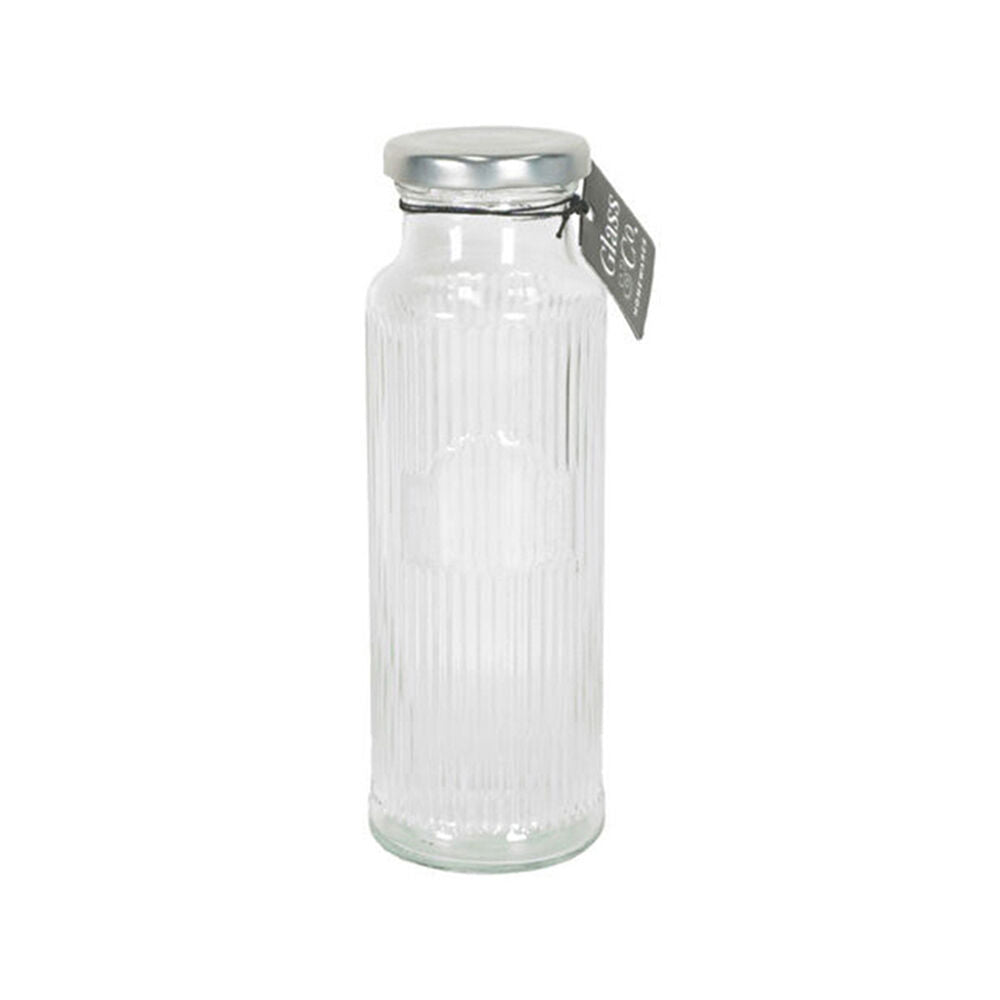Glass & CO 350ml Clear Cleo Round Ribbed Silver Metal Lid Water Bottle