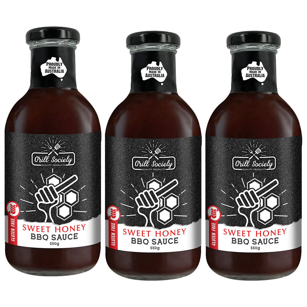 Grill Society BBQ Sweet Honey Sauce Gluten Free Condiment Meat Glaze 550g (3 Pack)