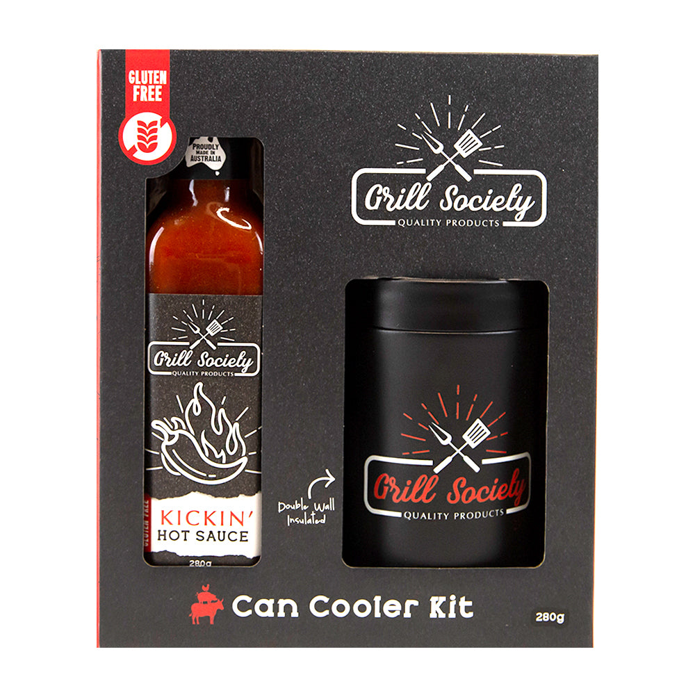 Grill Society BBQ Kickin Hot Sauce & Double Wall Can Cooler/Holder Kit Set (2 Pieces)