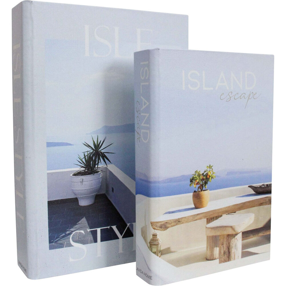 LVD Wooden Canvas Book Box Medium Set 29x20x5.5cm /24x16x4cm Isle Escape (2 Pieces)