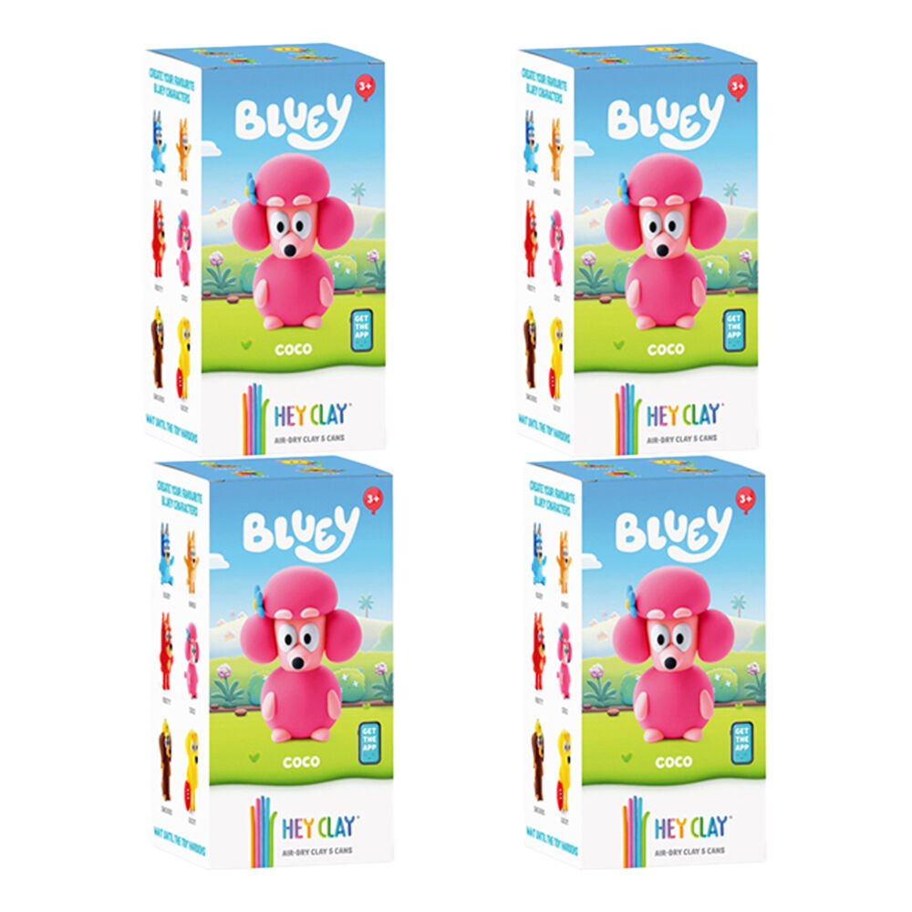 Hey Clay Bluey Single Character Kids Modelling Clay Set 5 Coloured Cans Coco (4 Pack)