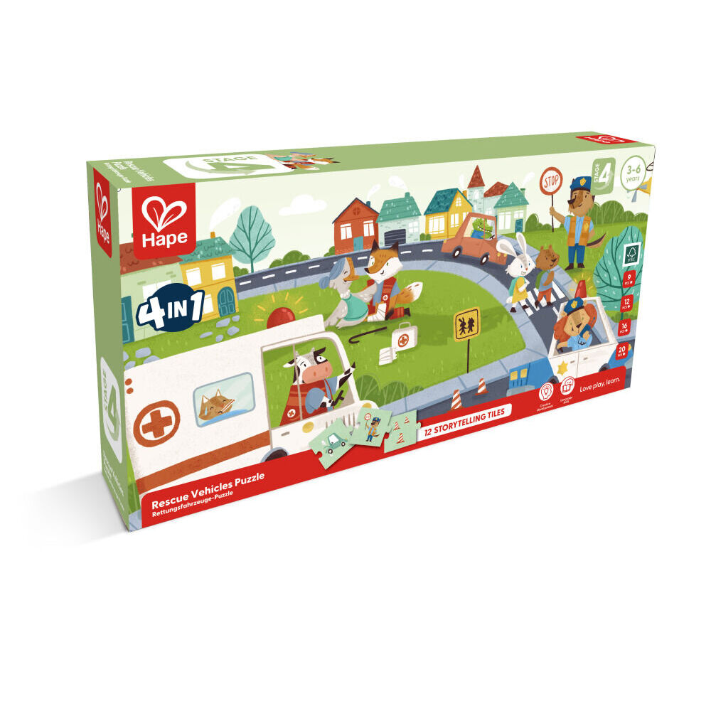 Hape Rescue Vehicles 57 Piece Creative Kids Puzzle w/ 4 Stories 3Y+ (4 Pack)