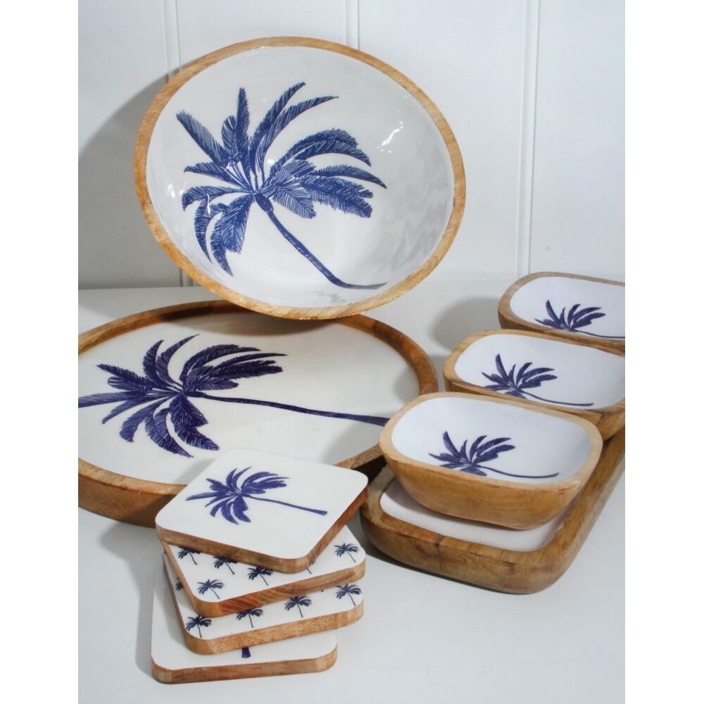 Maine & Crawford Belize 40cm Blue Palm Tree Dip Bowl w/ Tray Mango Wood (3 Pieces) — image 4
