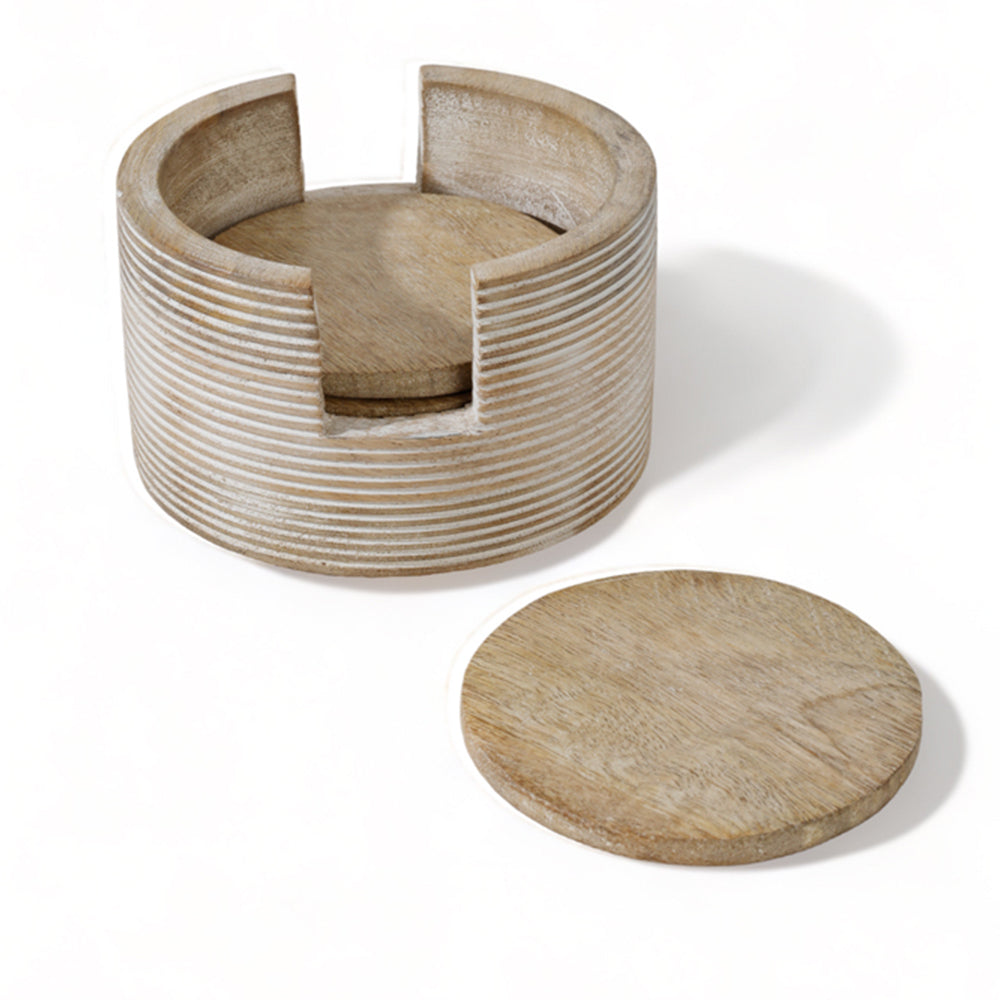 Maine & Crawford Cyrus Wood 13cm Coaster Set w/ Holder Natural Whitewash (4 Pieces)