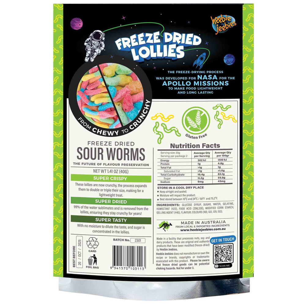 Heebie Jeebies 40g Sour Worms Freeze Dried Lollies Candy Sweets Confectionery — image 2