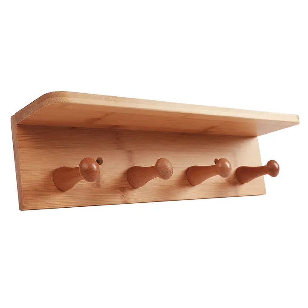 Unbranded Bamboo 4-Hook Wall Hanging Shelf Home Organiser/Storage Holder Hanger Rack Brown