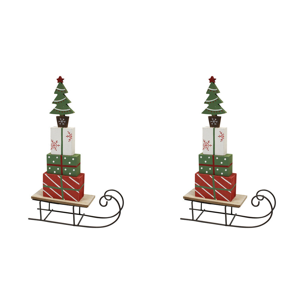 LVD Metal/Wood Sleigh Present Home/Living Room/Table Xmas Decor 30x19cm Red (2 Pack)