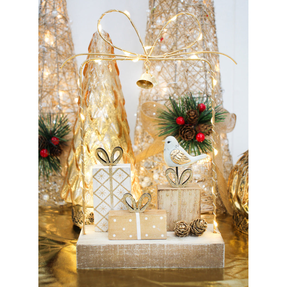LVD Metal/Wood Gift Box Bow Multi Lights Home/Office X-mas Decor 27x19cm — image 2