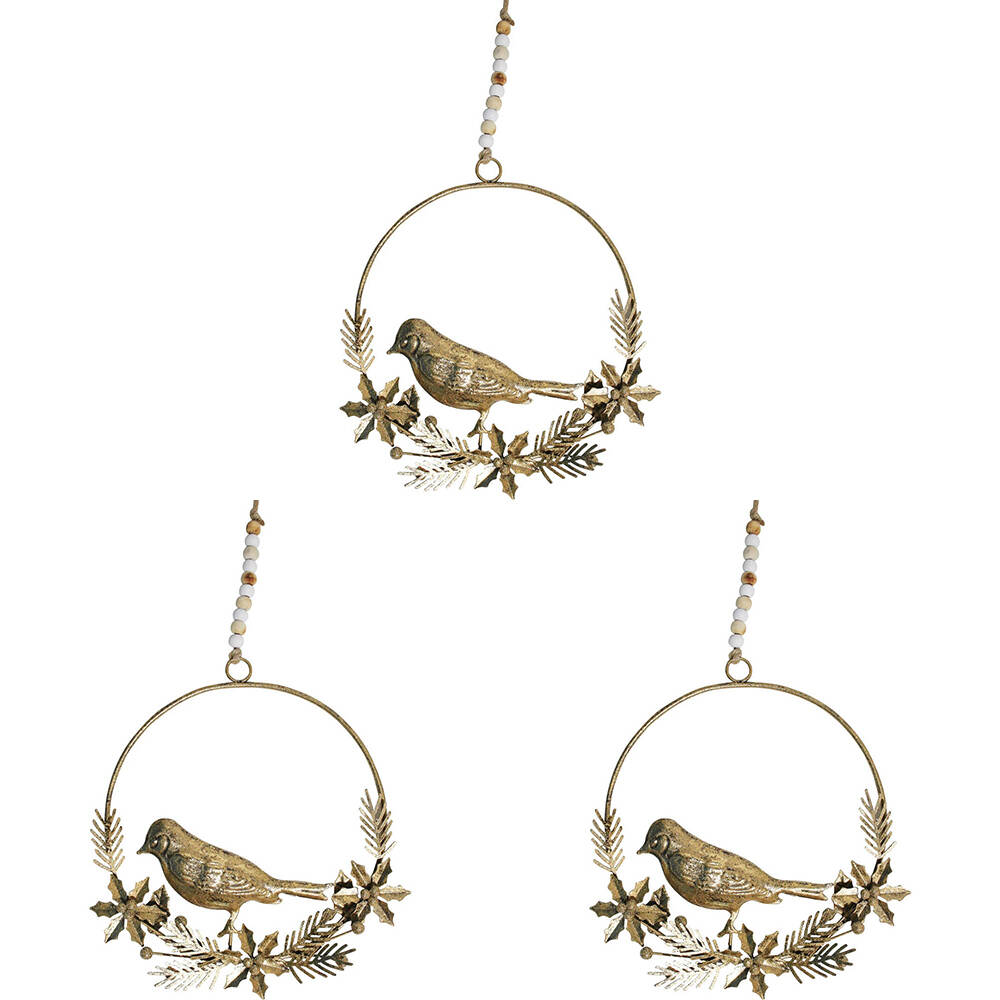 LVD Metal/Beads Wreath Bird Hanging Ornament Home/Lounge Decor 18cm Gold (3 Pack)