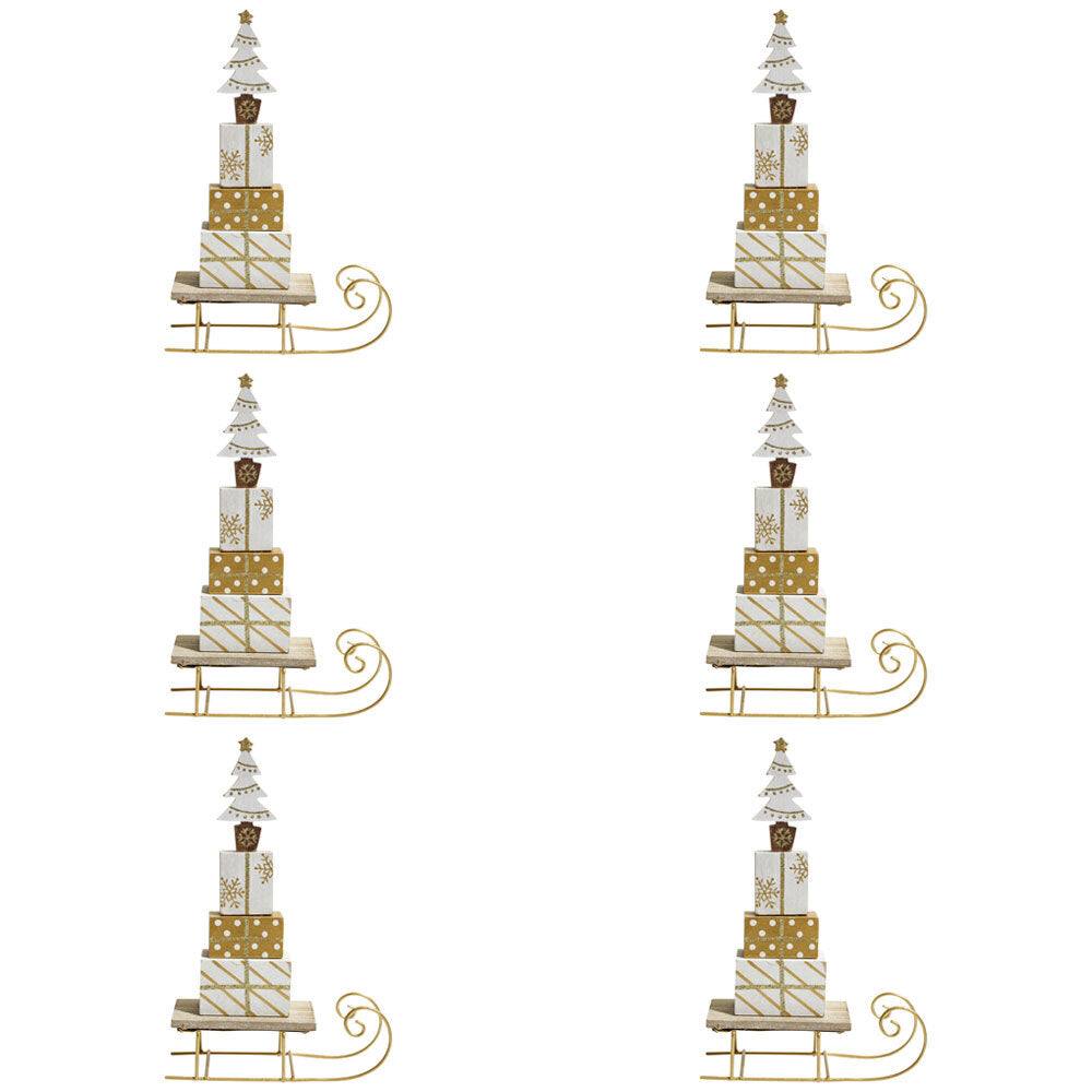 LVD Metal/MDF Sleigh Xmas Present Stack Christmas Home/Room Decoration 21cm (6 Pack)