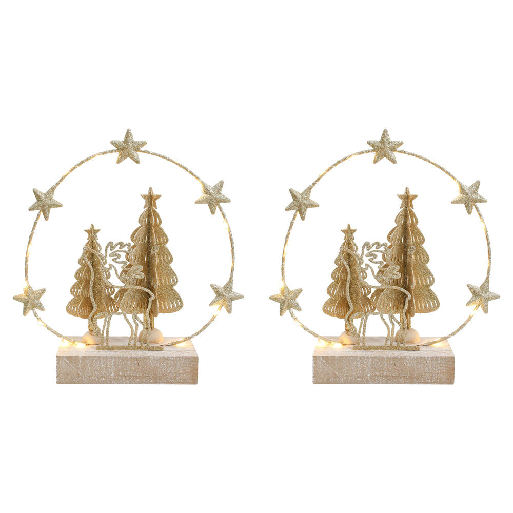 LVD Metal/Wood LED Wire Ring Tree Deer Home Christmas Decor 20x22cm Gold (2 Pack)