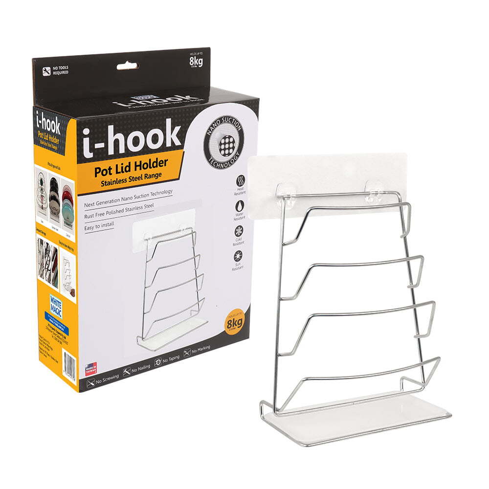 I-Hook Wall Suction Stainless Steel Pot Lid Holder Storage Organiser Silver