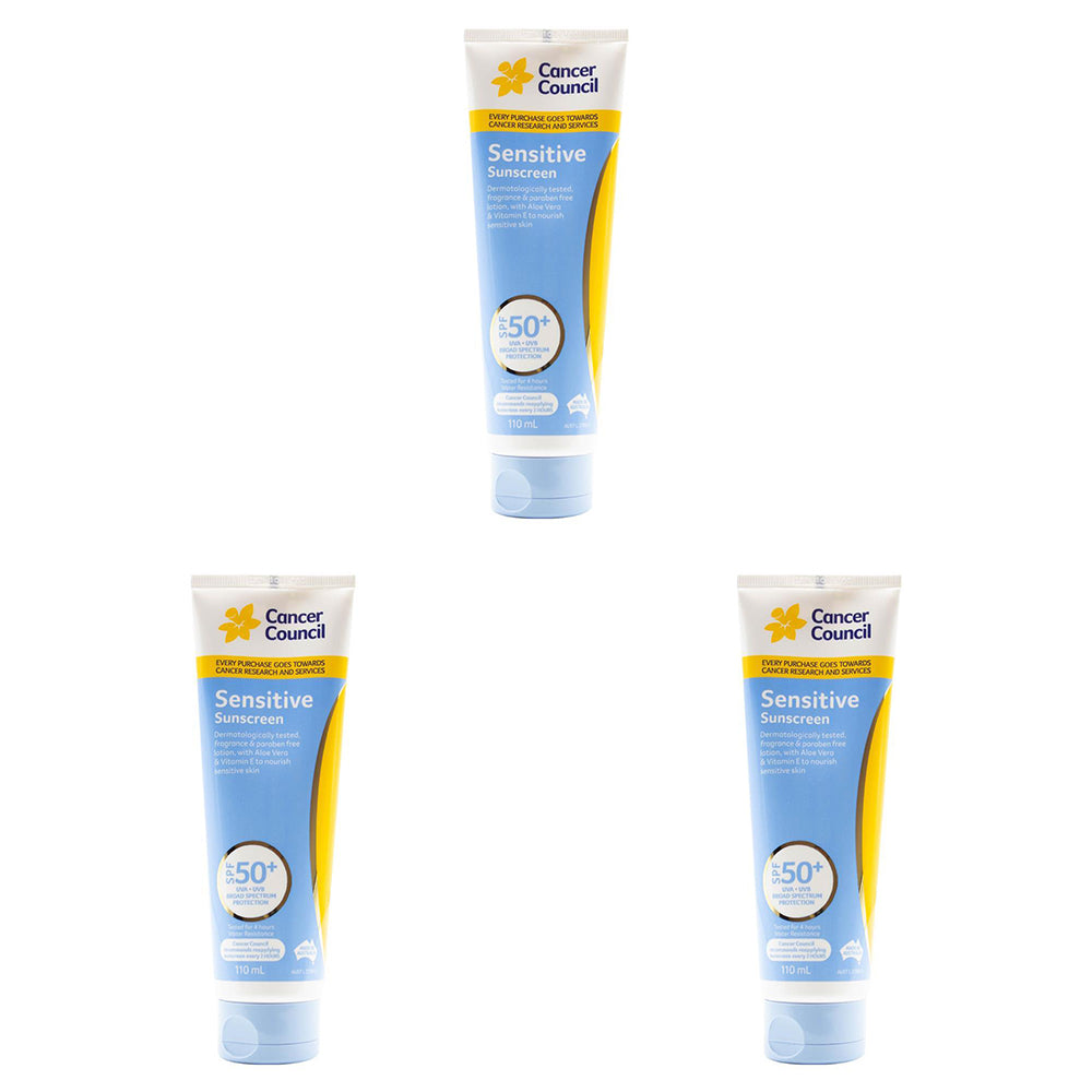 Cancer Council 110ml Sensitive Sunscreen SPF50+ Body Lotion Sun Protection (3 Pack)