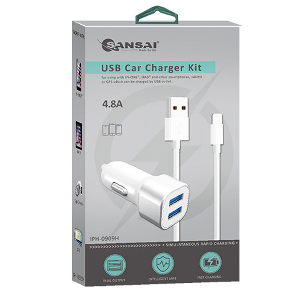 Sansai 2 USB Port Car/Vehicle Charger w/8 Pin Cable for Smartphone/iPhone/iPad/iPod