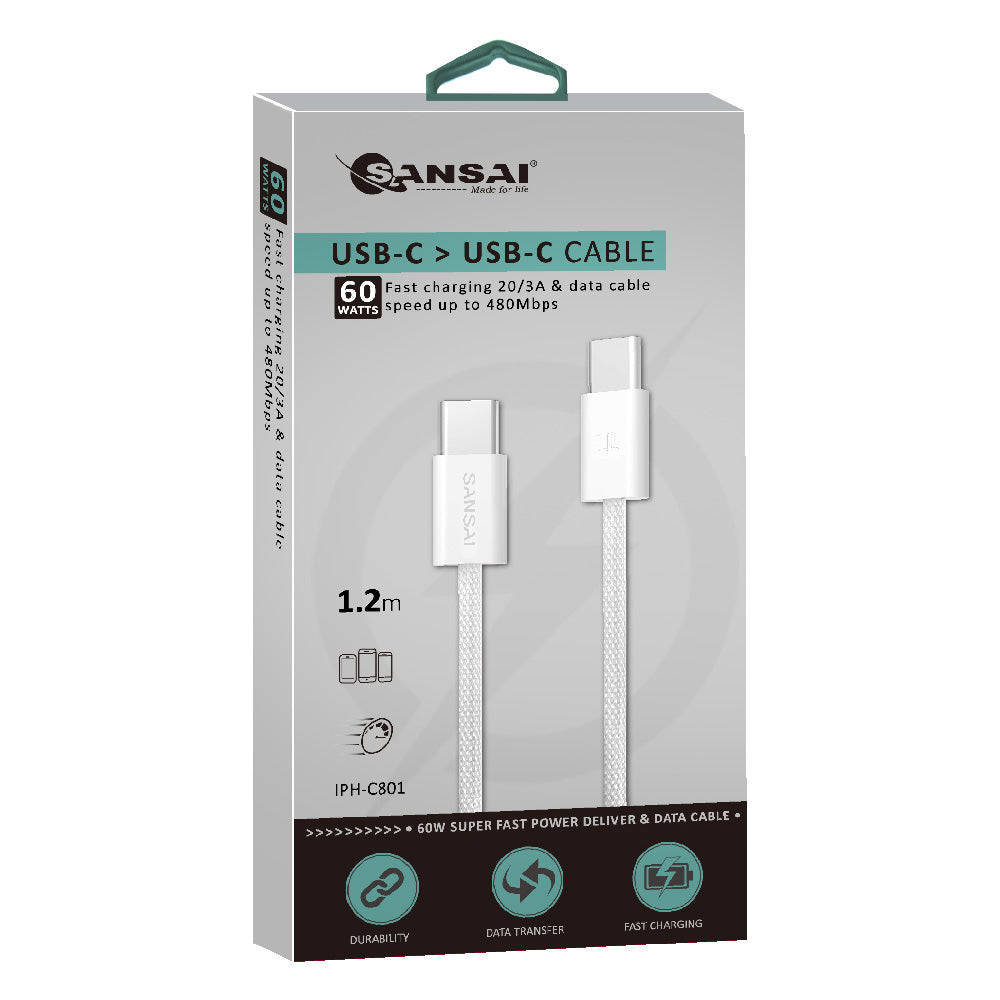 Sansai Type-C w/ High-Speed Charging & Data Transfer Cable 60W 1.2 m White