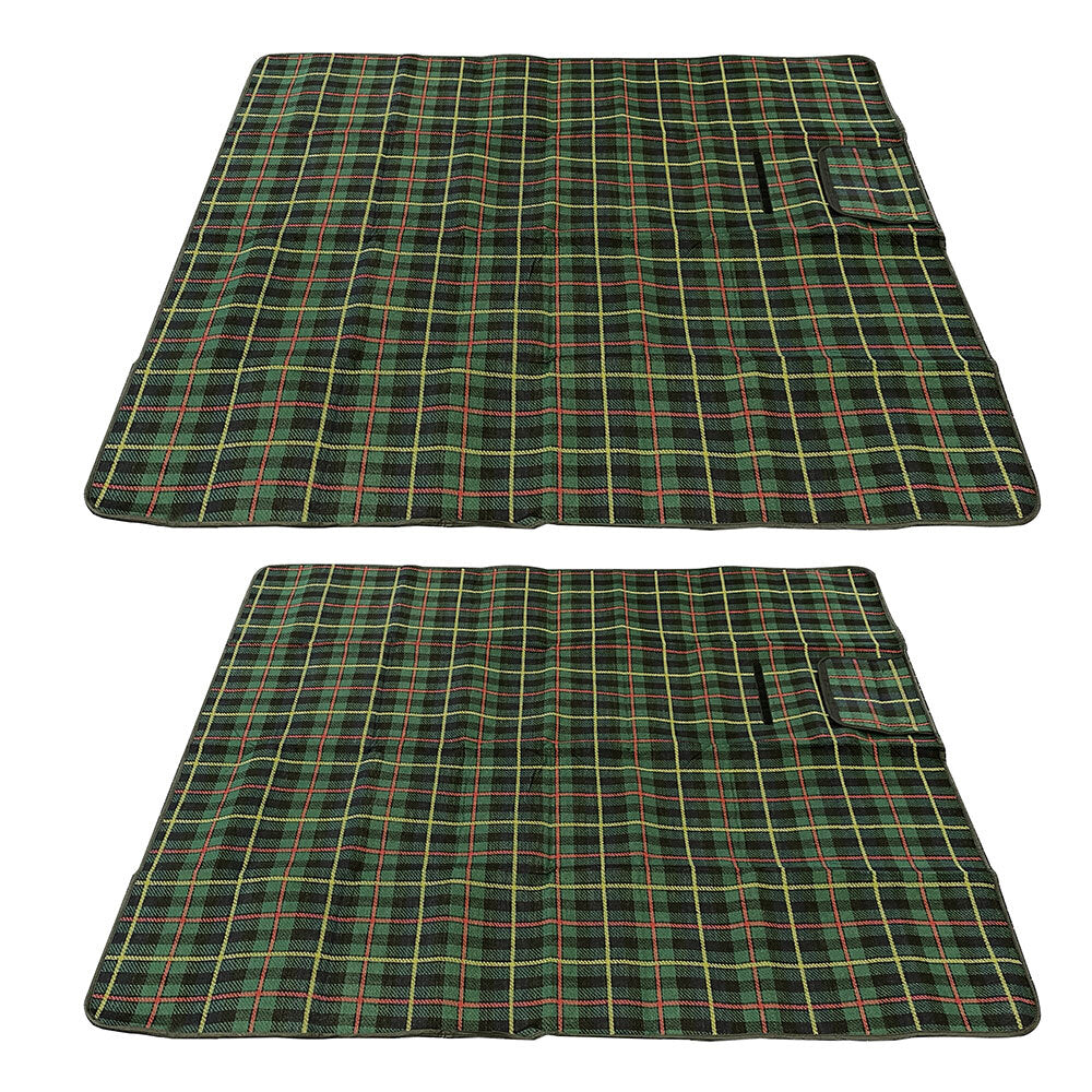 Picnic Tartan Rug 130x150cm w/ Carry Handle Strap/Waterproof Backing Green (2 Pack)