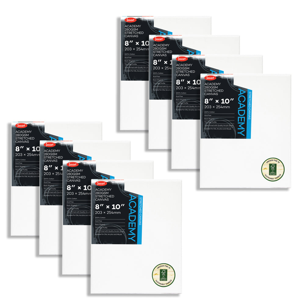 Jasart Academy 8x10" Thin Edge Cotton Stretched Painting Canvas 280GSM White (8 Pack)