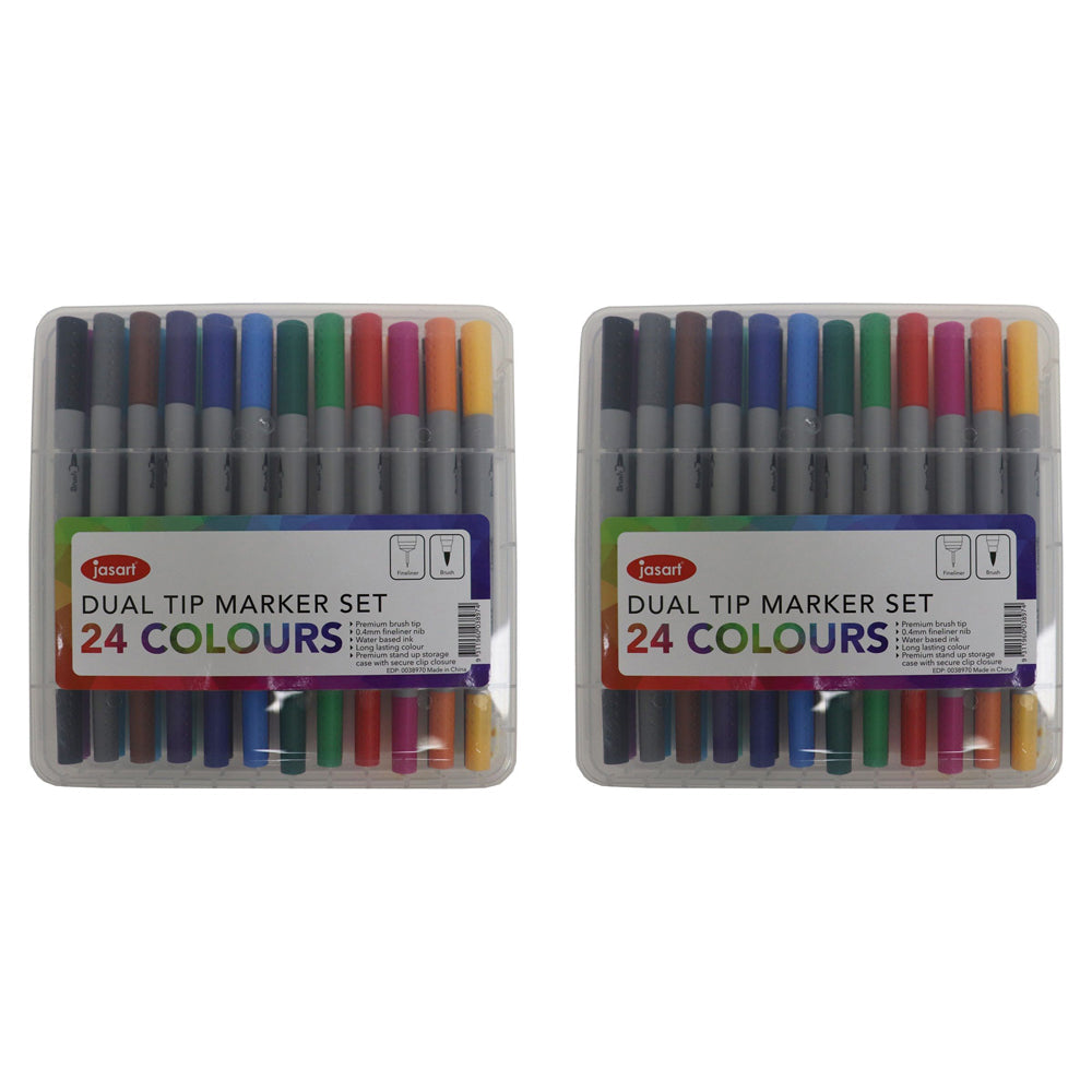 Jasart 24pc Jasart Dual Nib Brush Fineliner Set Waterbased Ink Art Colouring Markers (2 Pack)