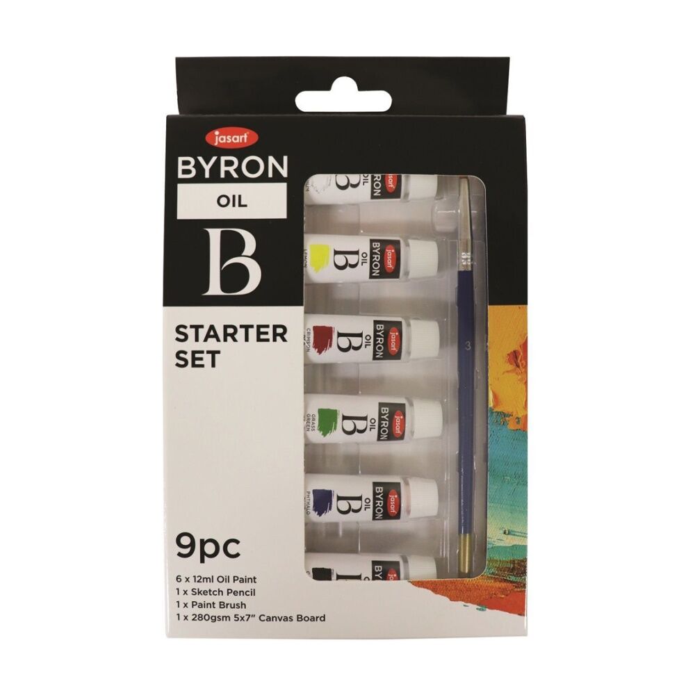 Jasart Byron Starter Set 12ml Oil Paint Tube/Pencil w/ 5x7" Canvas Board (9 Pieces)